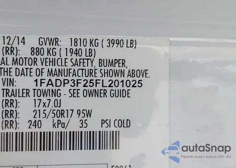 2015 Ford Focus Se из США, поврежденный, VIN 1FADP3F25FL201025